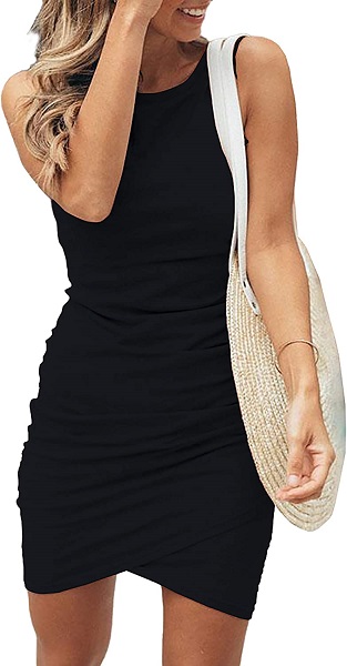 BTFBM Women Casual Dress Crew Neck Ruched Summer Sleeveless Tank Bodycon Shirt Short Mini Dresses (106Black, Medium)