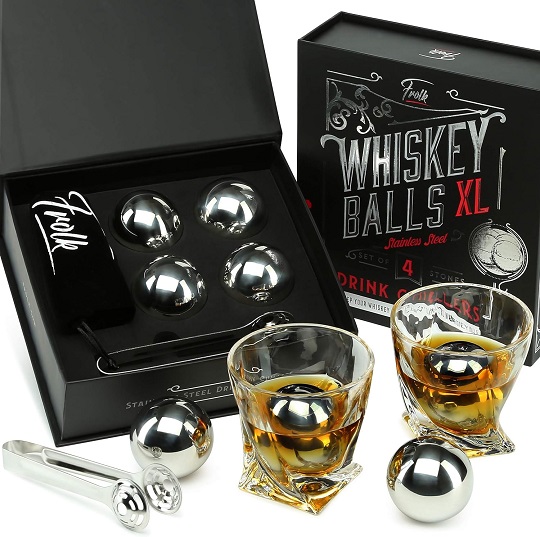 Indulge the Man in Your Life: Gifts for Him - Men Dad Husband - 4 XL Stainless Steel Whisky Ice Balls, Special Tongs & Freezer Pouch in Luxury Gift Box for Whiskey Lovers!