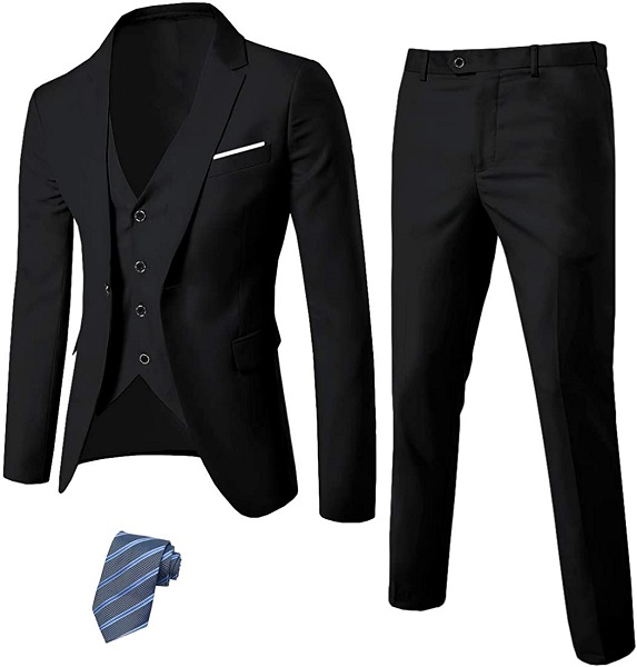 MYS Men's 3 Piece Slim Fit Suit Set, One Button Solid Jacket Vest Pants with Tie Black