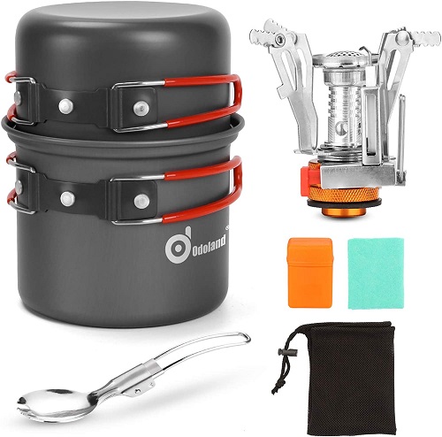 Odoland 6pcs Camping Cookware Mess Kit with Lightweight Pot, Stove, Spork and Carry Mesh Bag, Great for Backpacking Outdoor Camping Hiking and Picnic