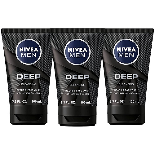 NIVEA MEN DEEP Cleansing Beard and Face Wash, Enriched with Natural Charcoal, 3 Pack of 3.3 Fl Oz Tubes