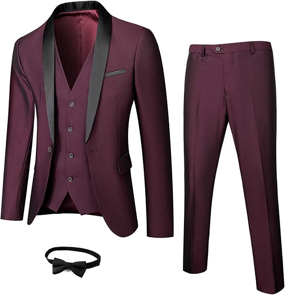 MY'S Mens 3-Piece Suit Shawl Lapel One Button Tuxedo Winter Fabric Slim Fit Premium Dinner Jacket Vest Pants & Tie Set Burgundy