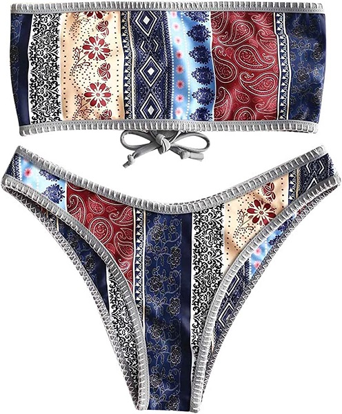 ZAFUL Women's Bathing Suit Adjustable Back Lace-up Bandeau Bikini Set (M, Multi-A)