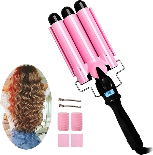 3 Barrel Curling Iron with LCD Temperature Display - 1 Inch Ceramic Tourmaline Triple Barrels, Ceramic Hair Crimper Hair Waver Hair Curlers Hair Curling Wand for Deep Waves Suit for All Style