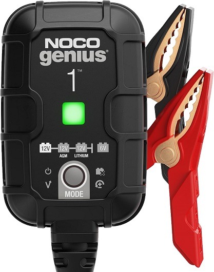 Compact NOCO GENIUS1 charger maintaining a motorcycle battery