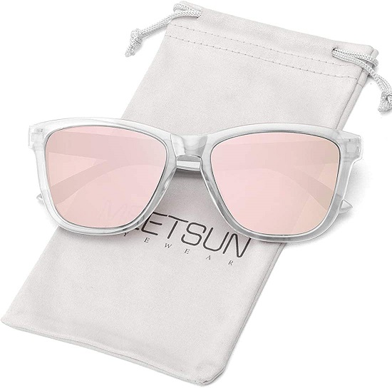 MEETSUN Polarized Sunglasses for Women Men Classic Retro Designer Style (Clear Frame / Pink Mirrored Lens, 54)
