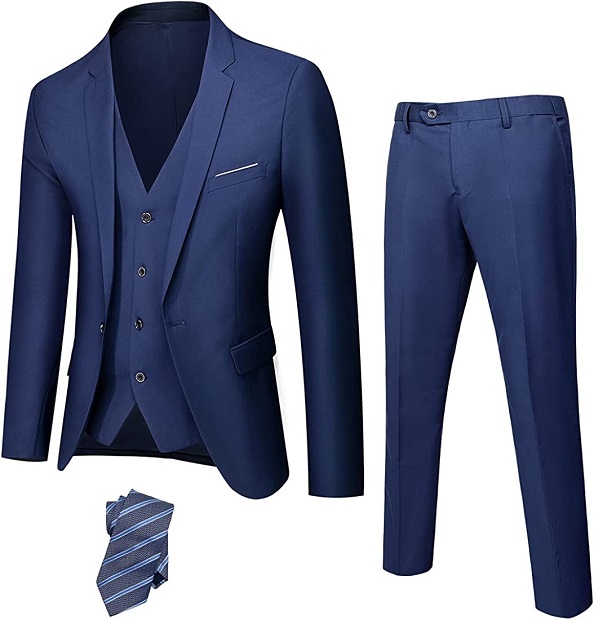 YND Men's Slim Fit 3 Piece Suit, One Button Jacket Vest Pants Set with Tie, Solid Party Wedding Dress Blazer, Tux Waistcoat and Trousers Deep Blue