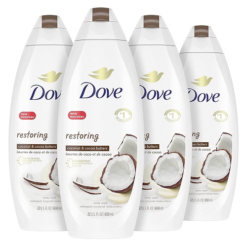 Dove Purely Pampering Body Wash for Dry Skin Coconut Butter and Cocoa Butter Effectively Washes Away Bacteria While Nourishing Your Skin 22 oz, 4 count
