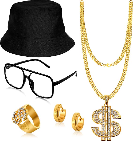 5 PCS Hip Hop Costume Kit Bucket Hat Sunglasses Dollar Sign Chain Ring Earring (Black)