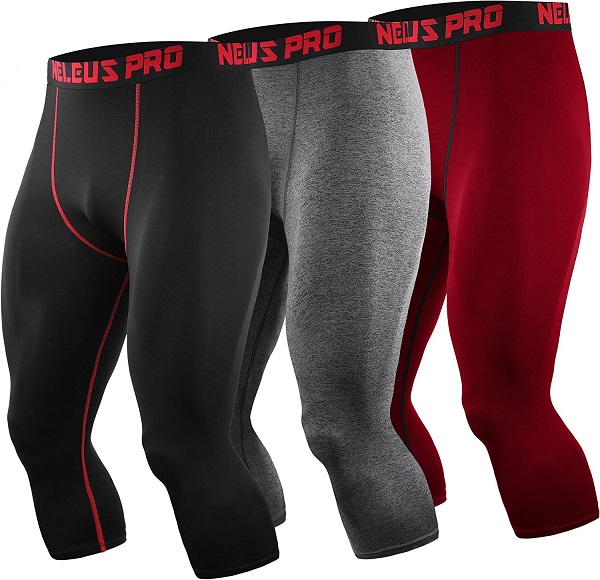 NELEUS Men's 3 Pack Running Capri Leggings Athletic Compression Short,6057,Black (red Stripe),Grey,red,XL