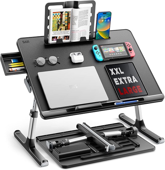 Adjustable Laptop Bed Tray Desk with large surface for laptop, mouse, and bookstand.