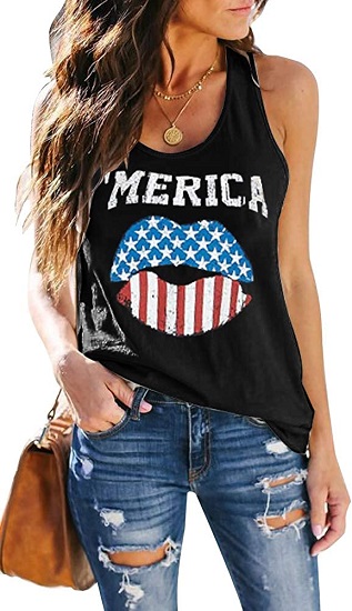ETCYY Women's Red Lips American Flag Print Tank Tops Loose Fit Sunmmer Sleeveless T Shirts…