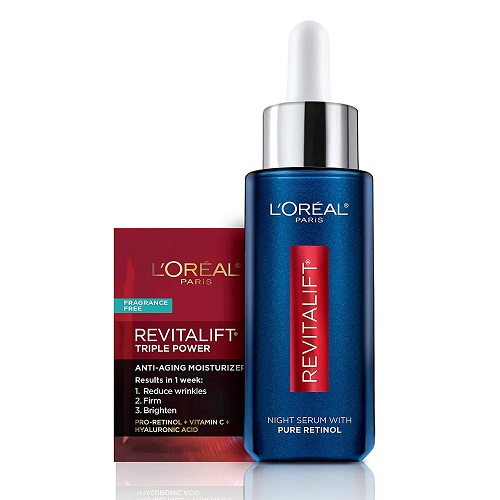 L'Oreal Paris Retinol Serum for Face, Night Serum 0.3% Pure Retinol from Revitalift Derm Intensives, Visibly Reduce Wrinkles, Even Deep Ones, 1 Oz Serum + Moisturizer Cream Samples, Packaging May Vary