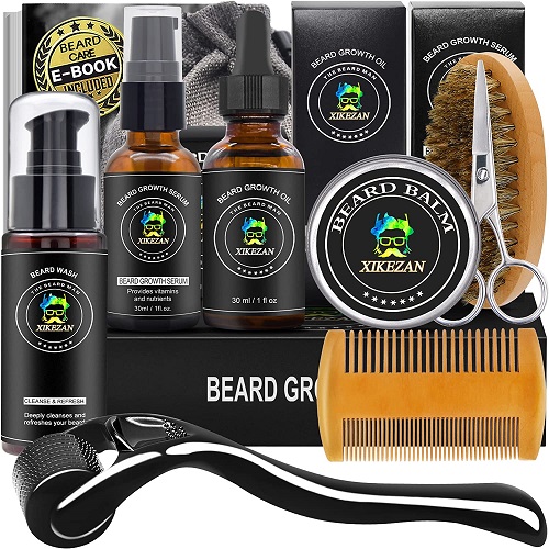 Beard Growth Kit,w/Beard Roller,Beard Growth Oil,Beard Serum,Balm,Comb,Brush,Hair Removal Razor Strops Scissor,Bag,EBook,Beard Care Grooming Kit Christmas Stocking Stuffers Gifts for Men Him Husband
