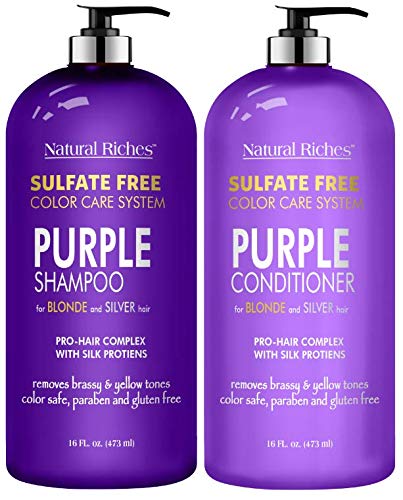 Natural Riches Purple Shampoo and Conditioner Set Sulfate Free Salon Grade for Silver Blonde and Platinum Hair. Removes Yellow & Brass tones. Blonde Shampoo for Silver Grey Highlighted Hair 16x2 fl oz