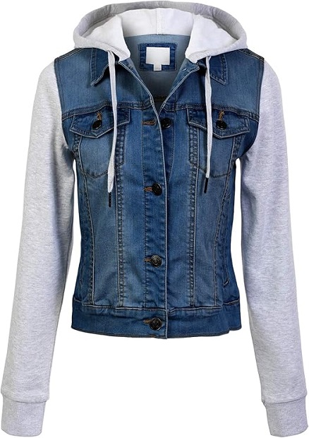Design by Olivia Women's Hooded Denim Jacket in Medium Denim, featuring a classic silhouette and soft denim fabric.