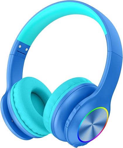 2022 Bluetcooth Kids Headphones Fit for Aged 3-21, Colorful LED Lights Comfort Wireless Headphones with Microphone 94dB Volume Limited for School/iPad/PC/TV/Cellphones, Wired & TF Card Mode, Blue