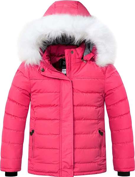 ZSHOW Girls' Puffer Jacket Fleece Lined Winter Coat Windproof Padded Hooded Parka(Rose Red,14/16)