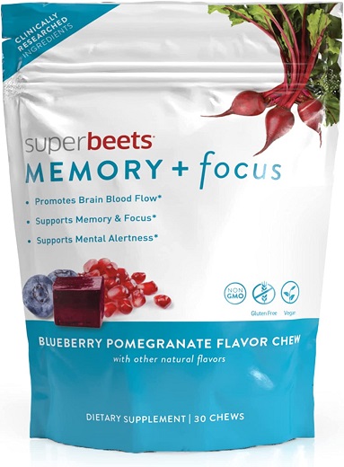 HumanN SuperBeets Memory + Focus Chews - Helps Support Brain Health & Alertness - SuperBeets Nootropic Supplement with Resveratrol & Beet Root Powder, Blueberry Pomegranate Flavor, 30 Soft Chews