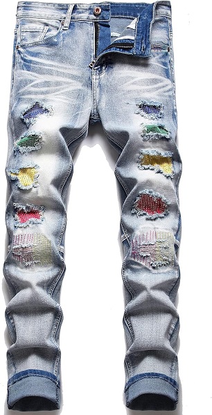 AITITIA Men's Biker Zipper Deco Washed Straight Fit Jeans.