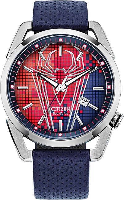 Citizen Eco-Drive Marvel Quartz Mens Watch, Stainless Steel with Leather strap, Spider-Man, Blue (Model: AW1680-03W)