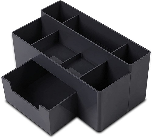 Teskyer Desk Organizer Pen Holder, Desk Accessories and Workspace Organizer with 7 Compartments and Drawer for Storage Office Supply, Black
