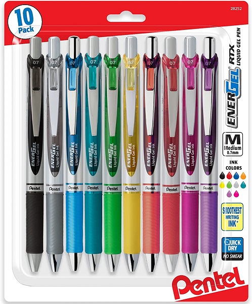 Pentel EnerGel 0.7 MM RTX Retractable Liquid Gel Pen, 10 Pack of New Assorted ink Colors, Metal Tip, Medium Line, Quick Dry No Smear