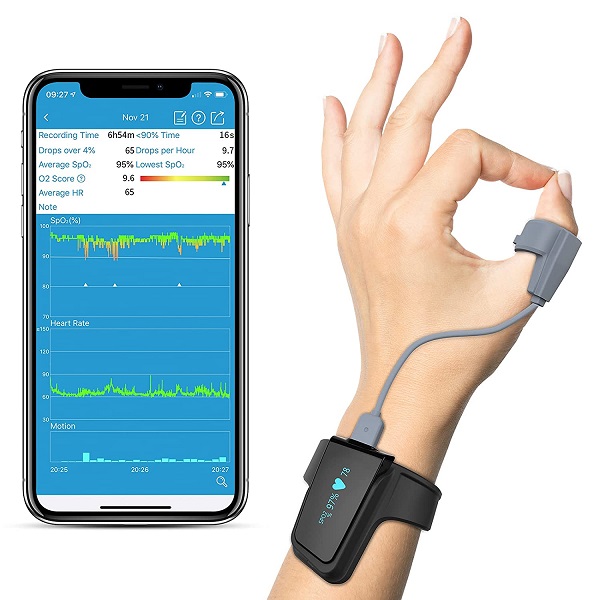 Overnight Blood Oxygen Saturation Monitor for SpO2 and Heart Rate Tracking Continuously, Bluetooth Finger Ring with Free APP &PC Report - Wellue Sleep O2 Pulse Oximeter with Smart Alarm