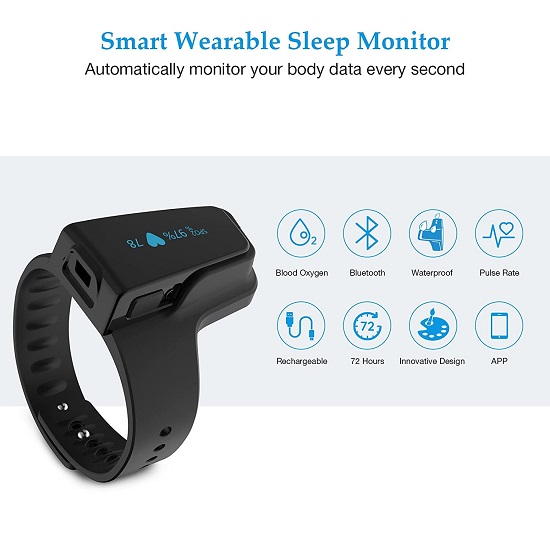 Overnight Blood Oxygen Saturation Monitor for SpO2 and Heart Rate Tracking Continuously, Bluetooth Finger Ring with Free APP &PC Report - Wellue Sleep O2 Pulse Oximeter with Smart Alarm