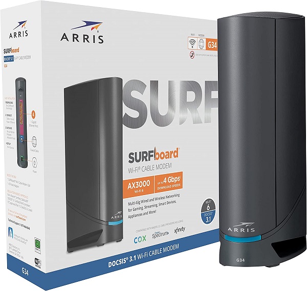 ARRIS Surfboard G34 DOCSIS 3.1 Gigabit Cable Modem & Wi-Fi 6 Router (AX3000) | Approved for Comast Xfinity, Cox, Spectrum & More | Four 1 Gbps Ports | 1 Gbps Max Internet Speeds | 2 Year Warranty