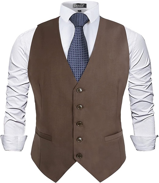 Alizeal Mens Classic Solid Color Business Suit Vest Regular Fit Tuxedo Waistcoat, Coffee-S