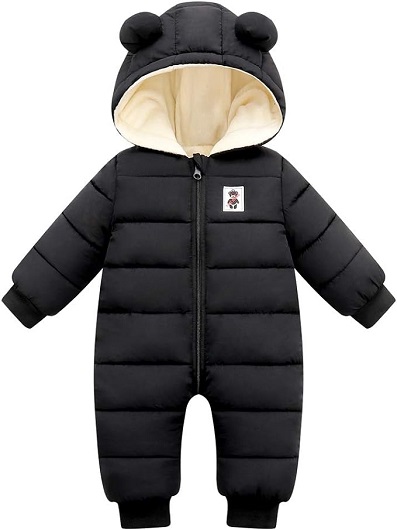 Adorable baby snowsuit with a hood and mittens, perfect for winter weather.