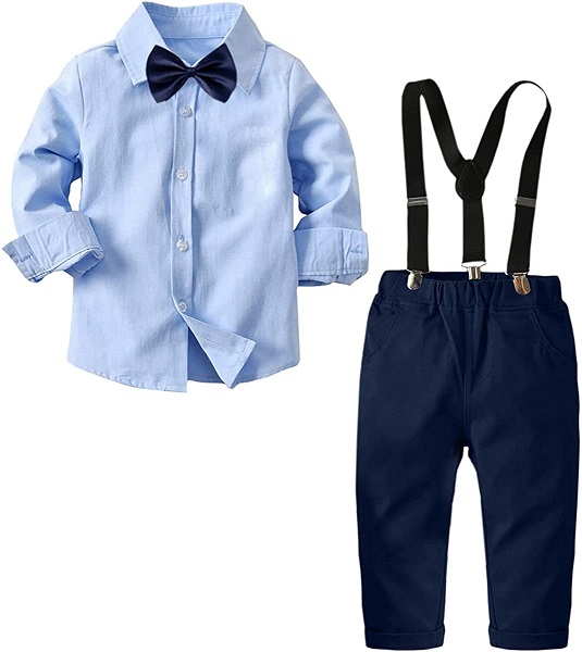Baby Boys 2 Piece Gentleman Outfits Long Sleeve White Shirts and Suspender Pants with Bow Tie, Blue, Size 5-6 Years = Tag 130