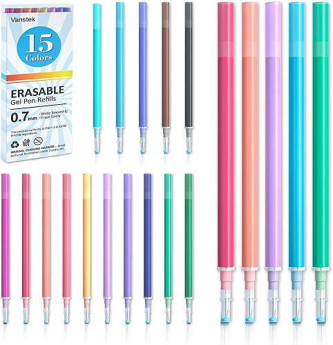 Vanstek 15 Assorted Colors Erasable Pen Refills, Gel Ink Refills Compatible with FriXion & Friction Erasable Pens, Fine Point 0.7 mm, Perfect for Writing Planner & Crossword Puzzles