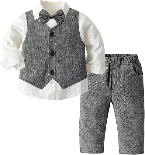 Baby Boys Suit Clothing Set, 4 Piece Formal Outfit for Boys of Vest, Pants, Shirt and Bow Tie, Grey, 2-3T = Tag 110