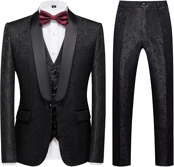 Mens Suits Regular Fit 3 Piece Skinny Tuxedo Blazer Waistcoat Pants Shawl Lapel Paisley Suits Men for Wedding Black