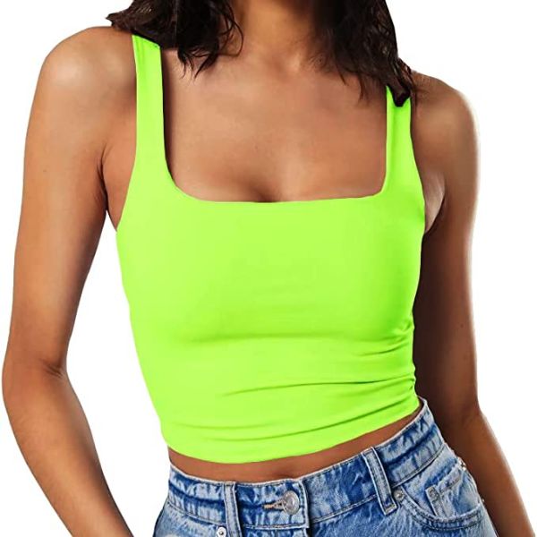 Artfish Women's Sleeveless Strappy Crop Tank Tops Square Neck Camis Going Out Neon Lime Green, XS
