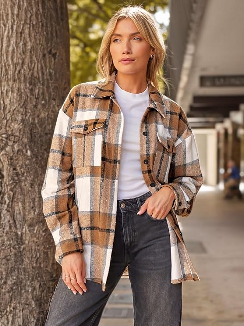Cozy Fall Fashion: Women's Flannel Shacket in Classic Plaid Design.