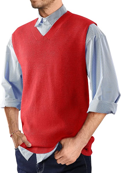 MNCEGEER Mens Sweater Vest V Neck Slim Fit Sweater Vests Knitwear Pullover Red