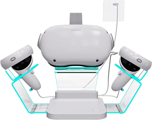 HiBloks Charging Station for Oculus Quest 2, Illuminated VR Stand for Quest 2, Magnetic Controller & Headest Display Charger with 2 Rechergeable Batteries, Battery Cover and USB-C Charger Cable