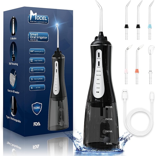 MOCEL Water Dental Flosser Oral Irrigator with 5 Modes, 350ml Cordless Water Teeth Cleaner Pick 6 Tips, IPX7 Waterproof Rechargeable Portable Powerful Battery for Travel & Home Braces & Bridges Care
