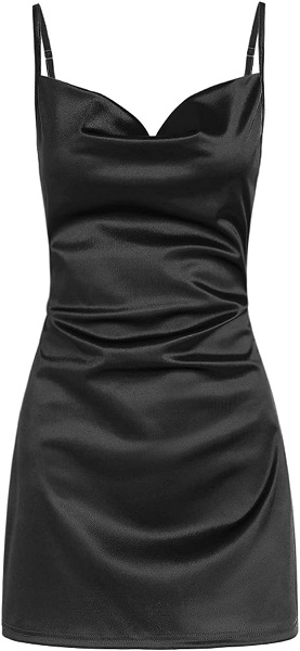 ZAFUL Womens Sexy Sleveless Spaghetti Strap Sheeny Draped Slip Cocktail Open Back Satin Silky Party Cami Mini Dress(Black, M)