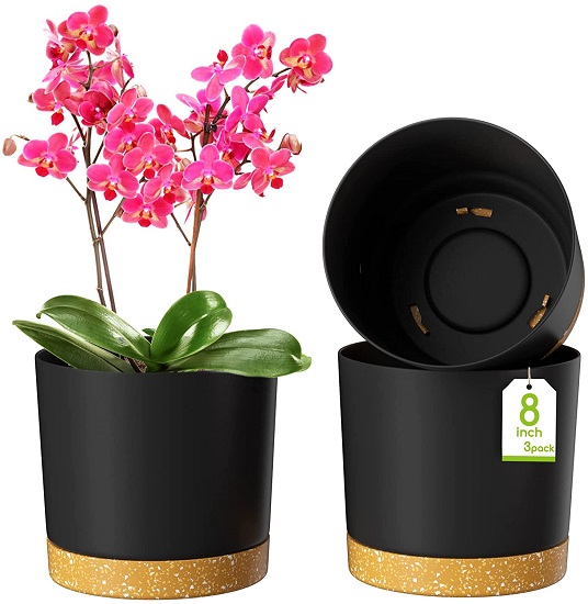 Zmtech Plant Pots, Set of 3 8'' Self Watering Plastic Planter with Drainage Hole and Saucer, Modern Decorative Flower Pot for Indoor Outdoor House Plants, Succulents, Flowers - Dark Gray