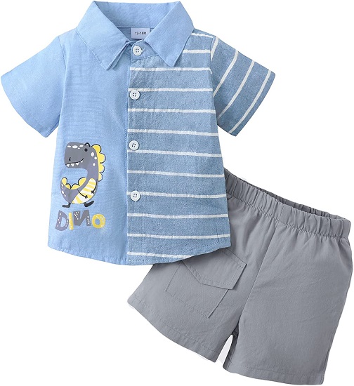 KIMI BEAR Toddler Boy Clothes Baby Boy Outfits Summer Dinosaur Suits Button Down Shirt Short Sets 2 Pieces Boys Clothing 18-24 Months Light Blue