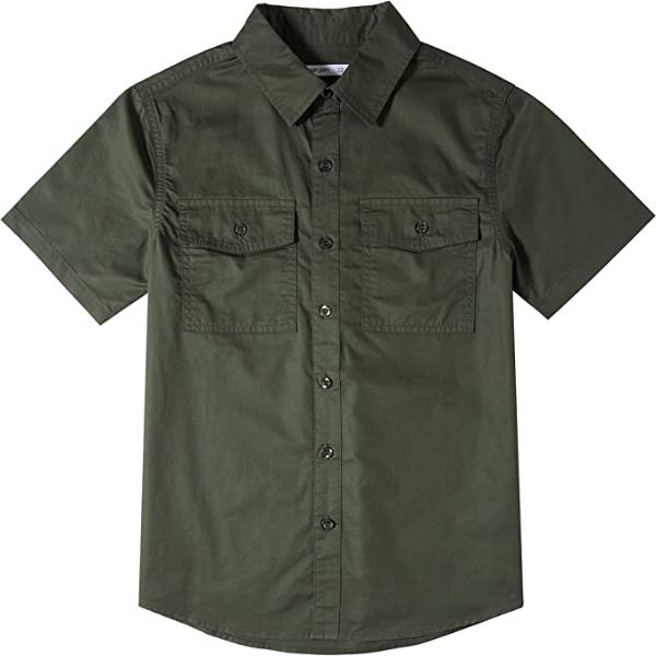 Tronjori Boys Short Sleeve Button Down Casual Woven Shirt Two Pockets(6,Dark Olive)