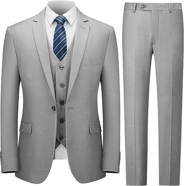 Cooper & Nelson Men's Suit Slim Fit, 3 Piece Suits for Men, One Button Jacket Vest Pants with Tie, Tuxedo Set Light Gray S
