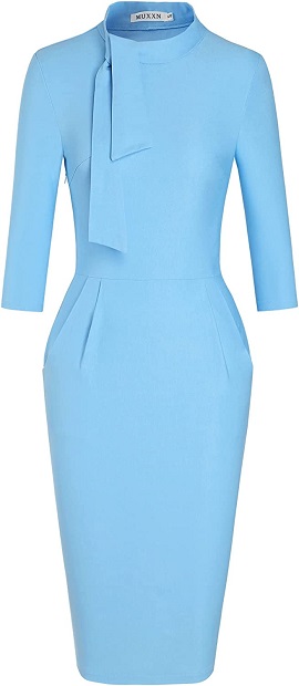 MUXXN 1960s Vintage Style Sheath Dresses Lady Mock Neckline Cocktail Gowns Dress (Airy Blue S)