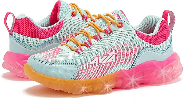 Avia Ignite Slip On LED Light Up Girls' Sneakers - Lightweight Tennis, Athletic, Running Shoes for Girls - Light Blue/Orange, 12 Little Kid