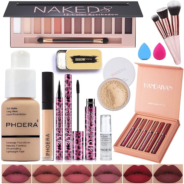 All In One Makeup Kit,Naked Eyeshadow Palette, PHOERA Foundation Makeup, Lipstick Set, Eyebrow Soap, Waterproof Eyeliner and Mascara, PHOERA Primer Powder Concealer Contour, Makeup Foundation Brush