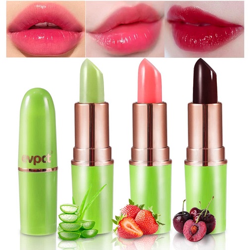 3Pcs Aloe Vera Strawberry Red Cherry Lip Color Changing Lipstick Lip Balm Set, Green Magic PH Lipstick Color Change Changing Crystal Flower Jelly Lipstick Tinted Lip Balm Gloss Makeup Set for Women 1
